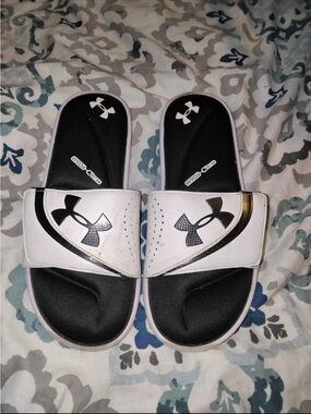 Under Armour Black and White Slide Sandals with Logo Strap